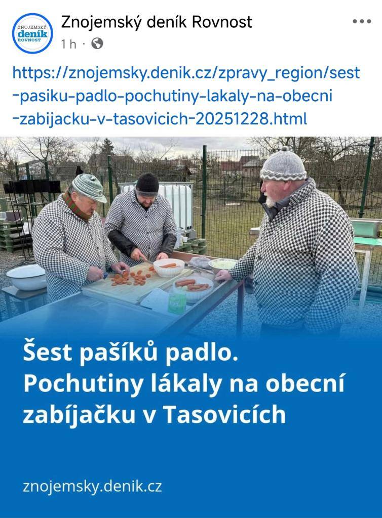 Zmínka o tasovické zabíjačce ve Znojemském deníku Rovnost. Odkaz najdete v tomto článku.