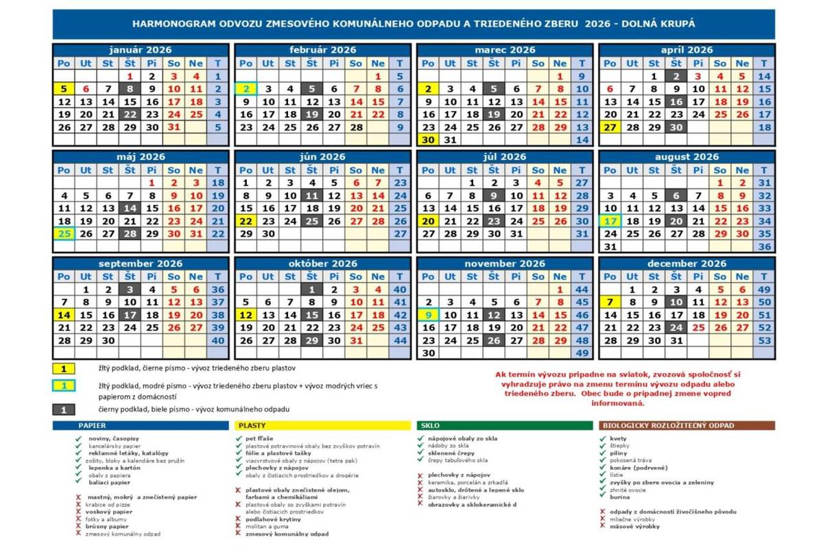 Harmonogram vývozu odpadu pre rok 2026