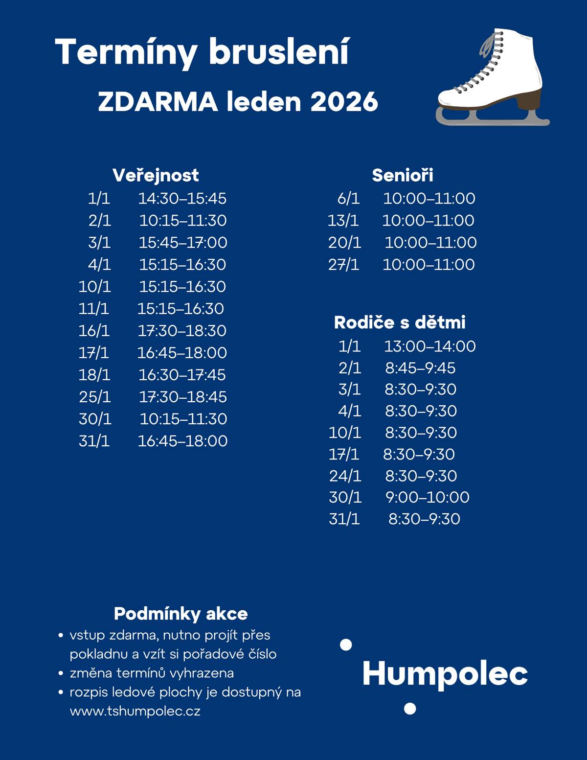 Do nového roku vám přinášíme malý novoroční dáreček... Pokračování veřejného bruslení zdarma.   Po celý leden budete moct na zimním stadionu v Humpolci využít oblíbené veřejné bruslení zdarma. Přijďte si užít zimní atmosféru na ledě.