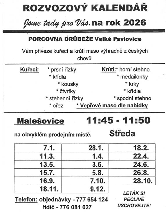 Rozvozový kalendář na rok 2026