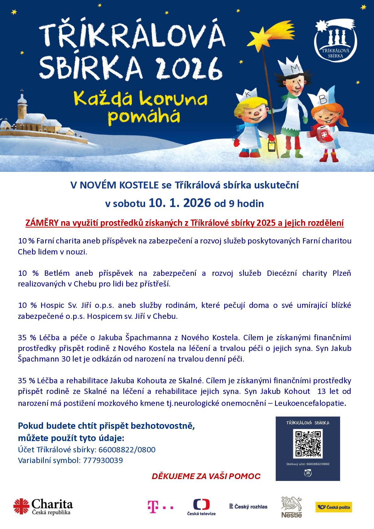 Kdy? V sobotu 10. ledna 2026 od 9 hodin se v Novém Kostele uskuteční Tříkrálová sbírka 2026 "Každá koruna pomáhá"