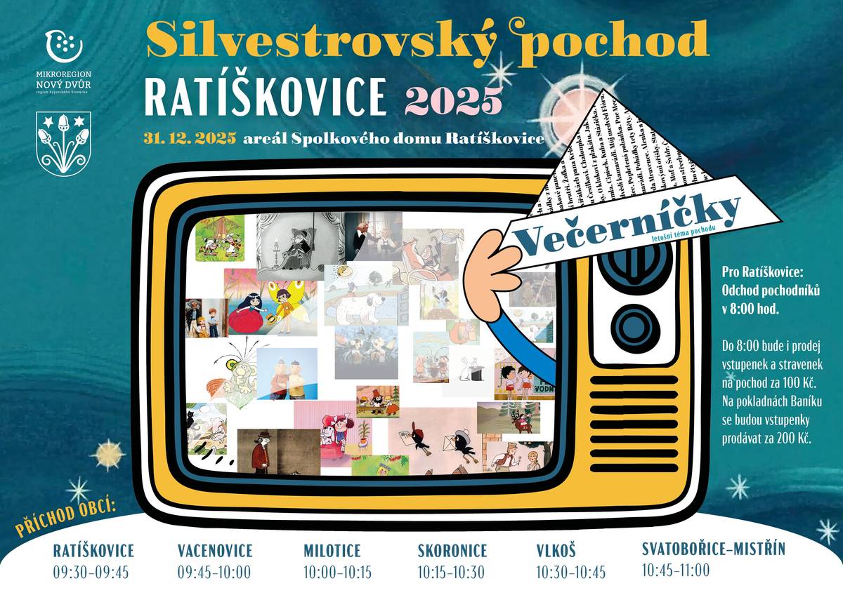 Pro skoronské účastníky Silvestrovského pochodu obcí Mikroregionu Nový Dvůr platí následující organizační informace a pokyny:  tématem letošního Silvestra jsou pohádky z Večerníčků - Bob a bobek - králíci z klobouku, Pohádky z mechu a kapradí (Křemílek a Vochomůrka), Kosí bratři a Koulelo se jablíčko; prodej vstupenek bude zahájen ve středu 31.12.2025 ráno v 7:15 hod. v kanceláři OÚ Skoronice, cena vstupenky je 100 Kč; sraz všech účastníků pochodu je mezi 7:30 a 7:45 hod. na prostranství před Obecním domem; odchod průvodu před 8. hod. ráno, trasa pochodu povede lesem po nezpevněných cestách mimo provoz motorových vozidel; příchod průvodu do areálu TJ Baník Ratíškovice v době 10:15-10:30 hod.  Účastníci, kteří se nebudou chtít zúčastnit pěšího pochodu, mají možnost využít autobusového spojení v rámci pravidelné linky Kyjov - Hodonín, která na Silvestra ze Skoronic odjíždí v 9:59 hod. a zpět z Ratíškovic do Skoronic jede autobusový spoj ve 12:48 hod. Pro zájemce z řad seniorů bude k dispozici bezplatný odvoz hasičským dopravním automobilem, který bude přistaven v 9:00 hod. u budovy OÚ Skoronice a pro cestu zpět z Ratíškovic od 12:00 hod. z parkoviště v areálu bývalé cihelny vedle areálu TJ Baník Ratíškovice.