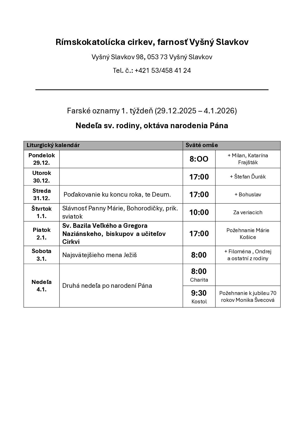 Farské oznamy na 1. týždeň