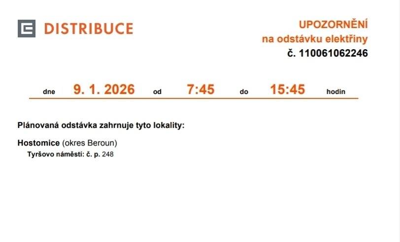 Informace o přerušení dodávky 9. a 14. ledna v příloze.