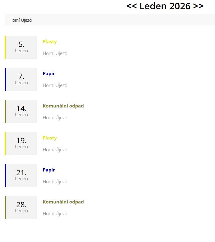 kalendář svozu odpadu na měsíc leden 2026