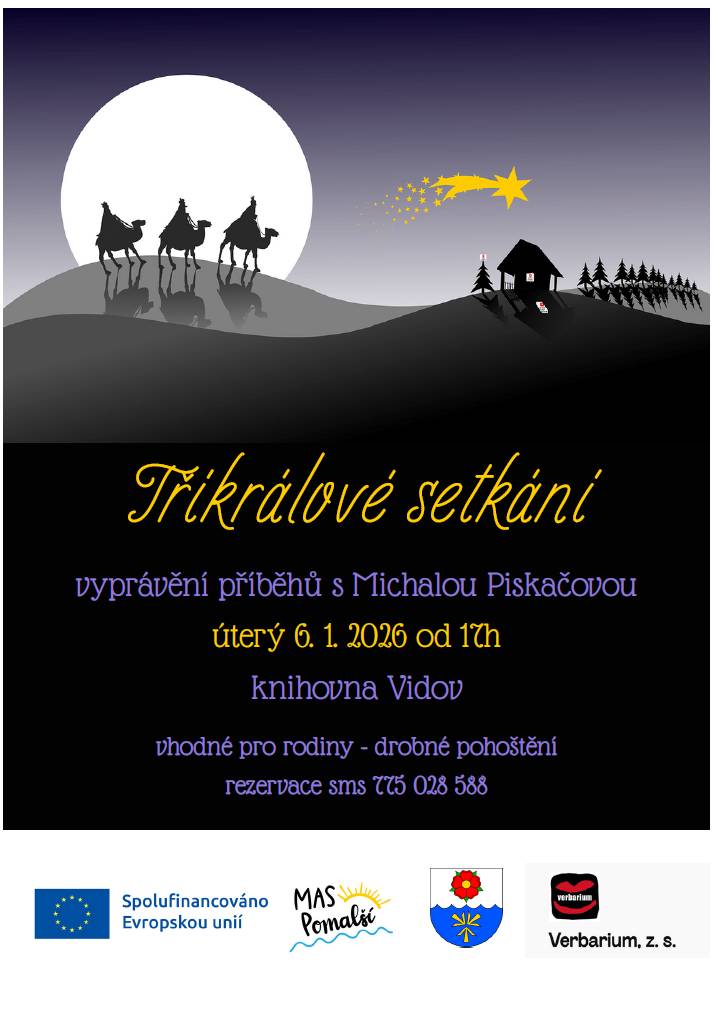 V úterý 6.1.2026 se v knihovně od 17:00 uskuteční Tříkrálové setkání. Vyprávění příběhů s Michalou Piskačovou. Akce je vhodná pro celé rodiny. Vzhledem k omezenému počtu míst, doporučujeme rezervaci na telefonu: 775 028 588. Připraveno bude i drobné pohoštění.