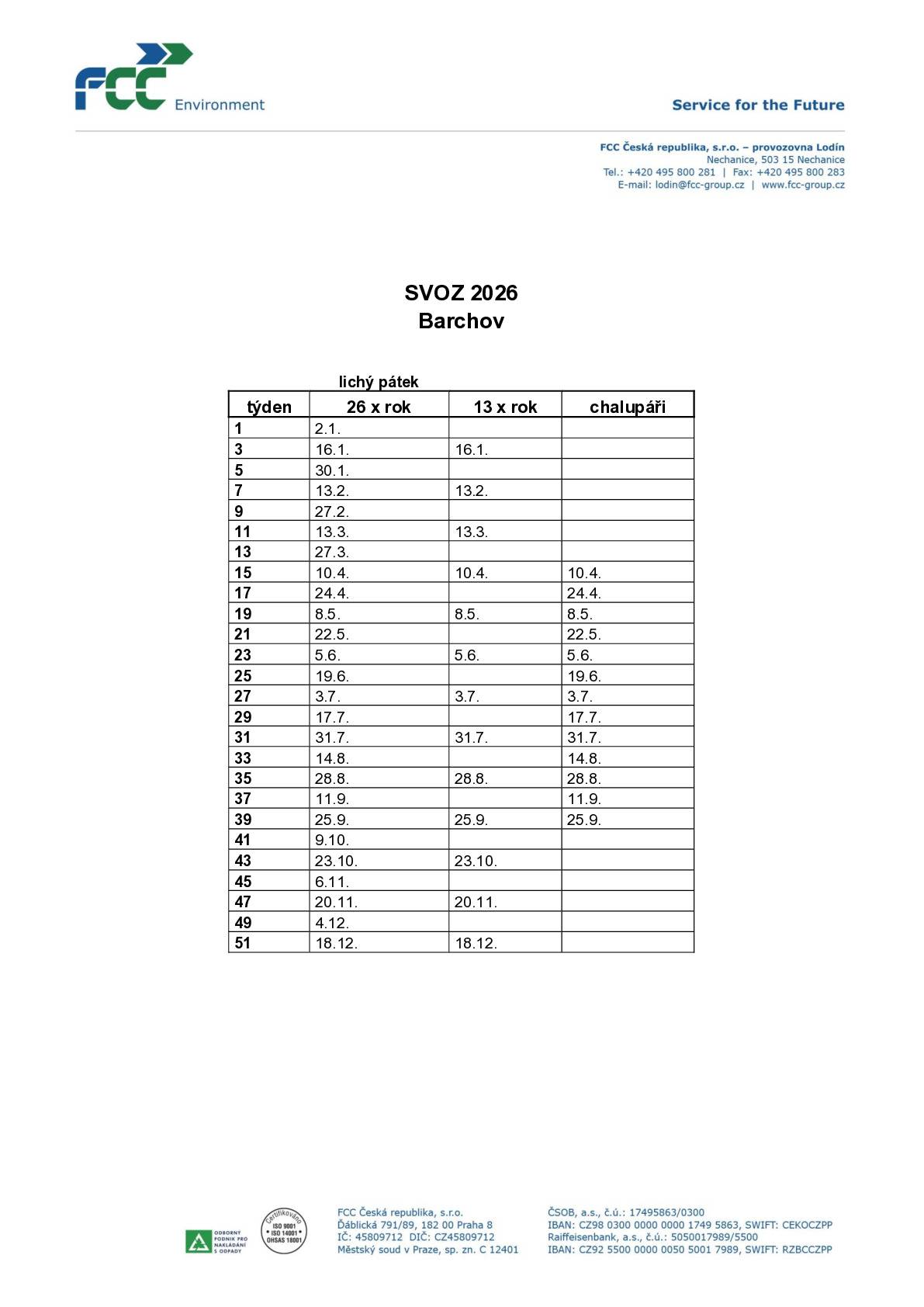 Již zítra ráno bude uskutečněn svoz popelnic. Nezapomeňte dnes vyvézt popelnici včas, ale pozor, dle novoroční pranostiky byste dnes neměli zametat ani vynášet z domu smetí! Takže pro pověrčivé, popelnice před dům až po půlnoci😀. V přiloženém obrázku a souboru je kalendář svozů na rok 2026. Kalendář najdete i na faceboku Obec Barchov a v papírové podobě na obecním úřadě.  Platba za známku na rok 2026 na popelnici a ze psa se bude vybírat koncem ledna. Výše poplatku byla, vzhledem k navýšení cen svozovou firmou FCC, stanovena na 1700 Kč na popelnici. Poplatek ze psa se nemění.