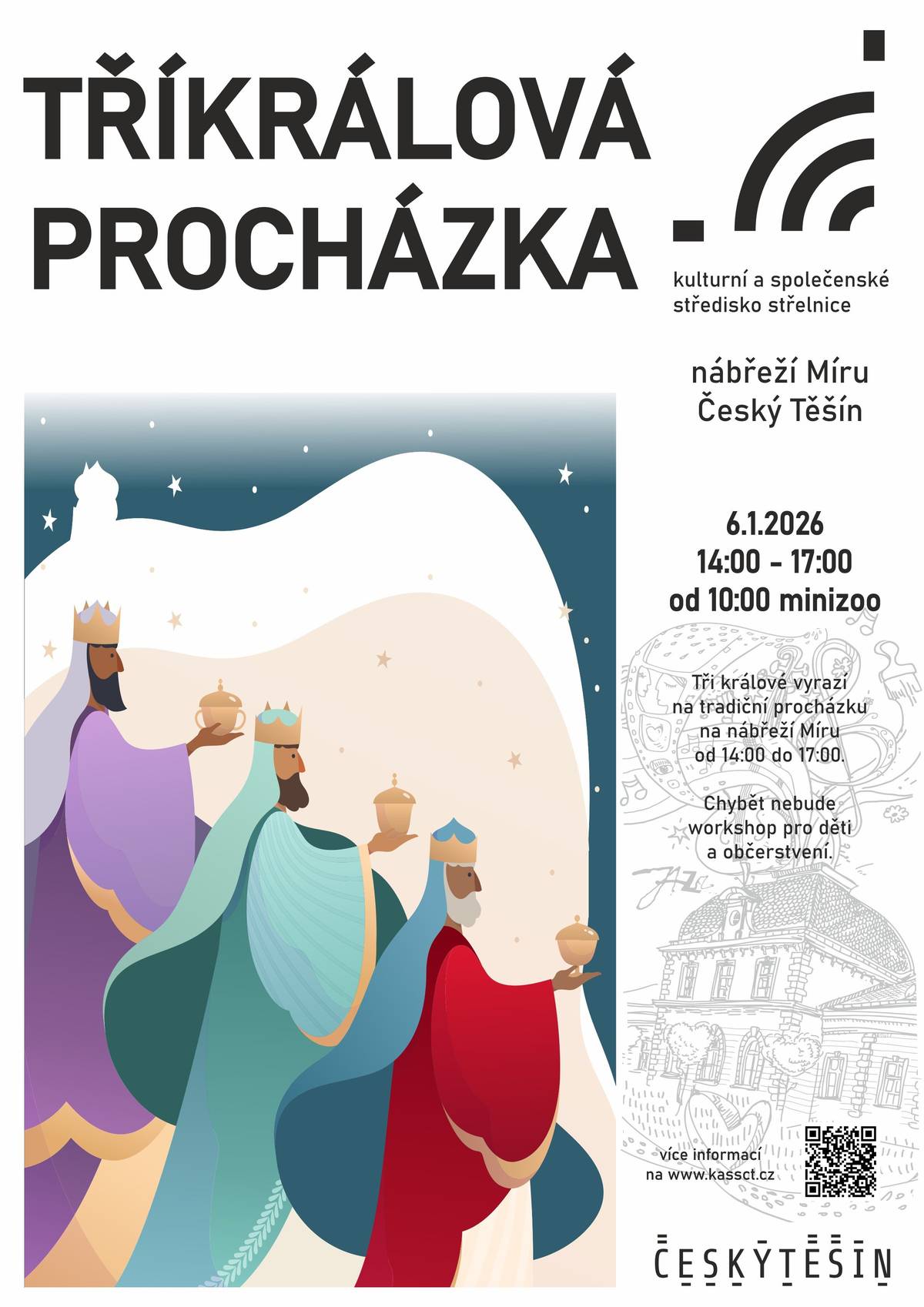 Zažijte Tříkrálovou procházku na nábřeží Míru u KaSS „Střelnice“. Těšit se můžete na kreativní workshop pro děti, občerstvení. Minizoo bude přístupná již od 10:00 hodin. 6. 1. 2026 / 14:00 - 17:00  www.kassct.cz