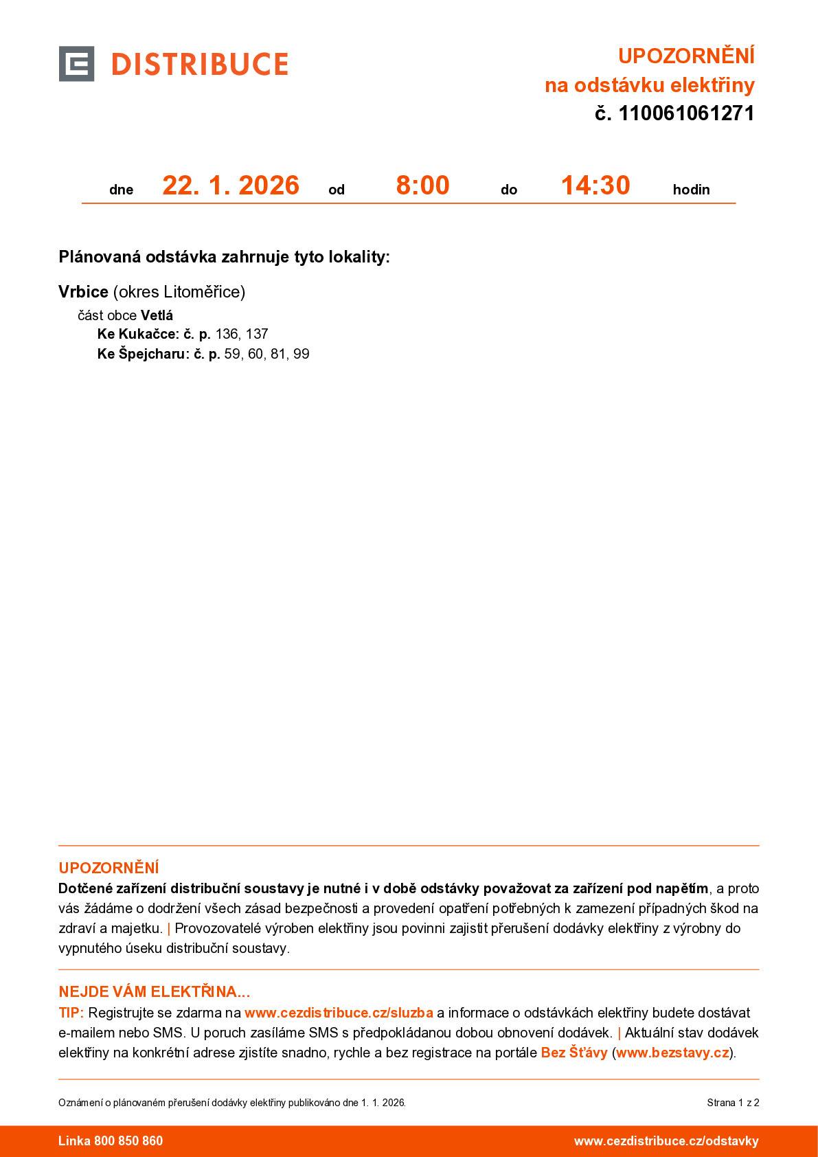 Odstávka elektřiny - Vetlá 22.1.2026