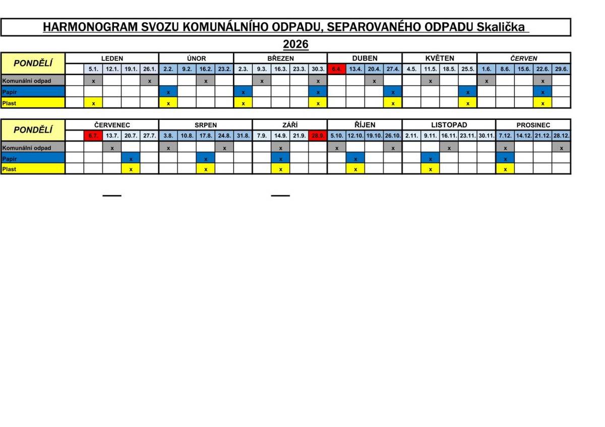 Informujeme občany, že první svoz komunálního odpadu a plastového odpadu bude v pondělí 5.1.2026, další svozy dle harmonogramu.