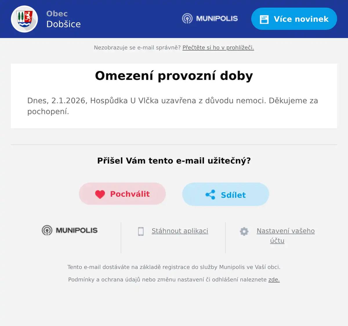 Dnes, 2.1.2026, Hospůdka U Vlčka uzavřena z důvodu nemoci. Děkujeme za pochopení.