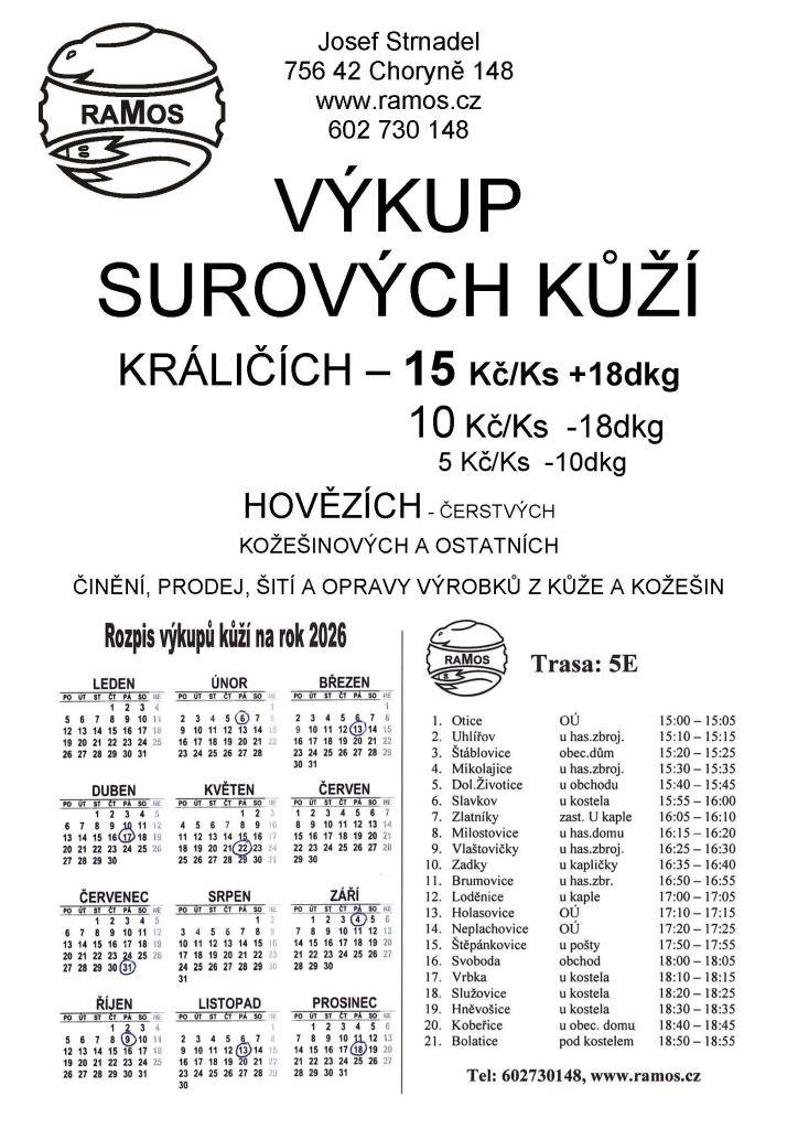 Rozpis výkupů kůží na rok 2026