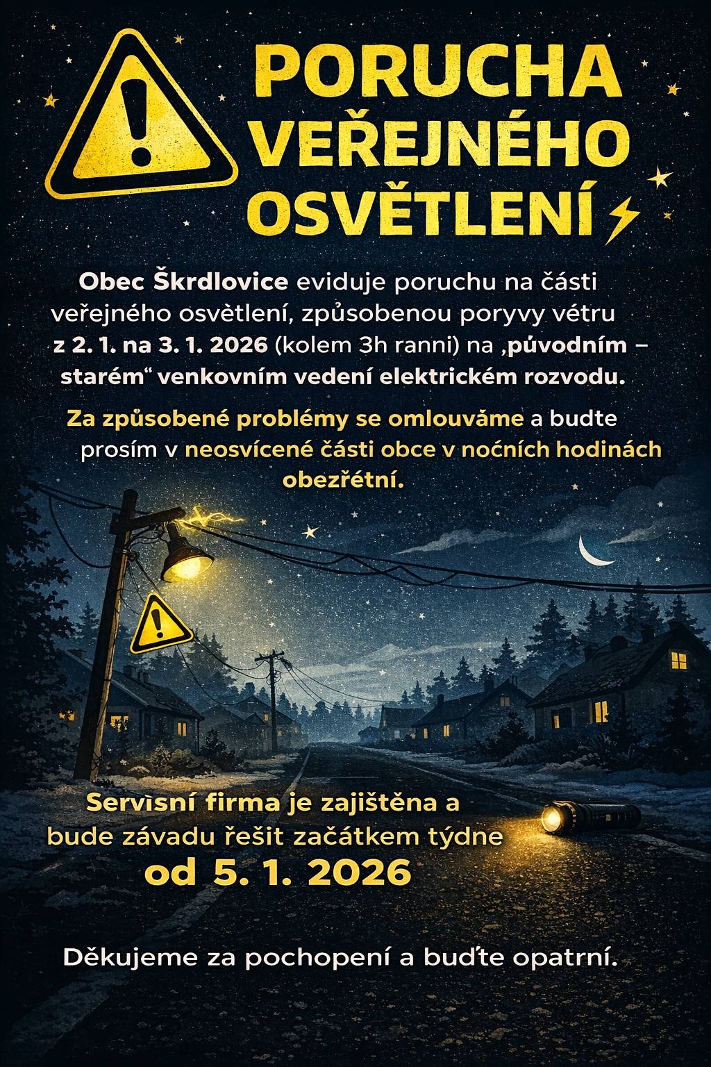 Obec Škrdlovice eviduje poruchu na části veřejného osvětlení. Porucha je způsobena silnými poryvy větru v noci z 2. 1. na 3. 1. 2026 (kolem 3. hodiny ranní), které poškodily původní – staré venkovní elektrické vedení. Za vzniklé komplikace se omlouváme a žádáme občany, aby byli v neosvícených částech obce v nočních hodinách zvýšeně obezřetní. 🛠️ Servisní firma je zajištěna a závada bude řešena začátkem týdne od 5. 1. 2026. Děkujeme za pochopení.