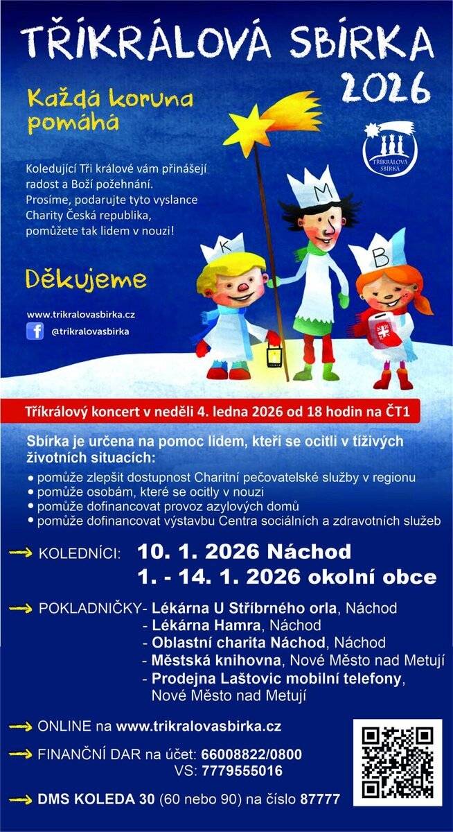 Tuto neděli 4.1.2026 bude v naší obci probíhat Tříkrálová sbírka,  pořádána Oblastní charitou Náchod. Pokladničky budou opatřeny pečetí obce Mezilesí.