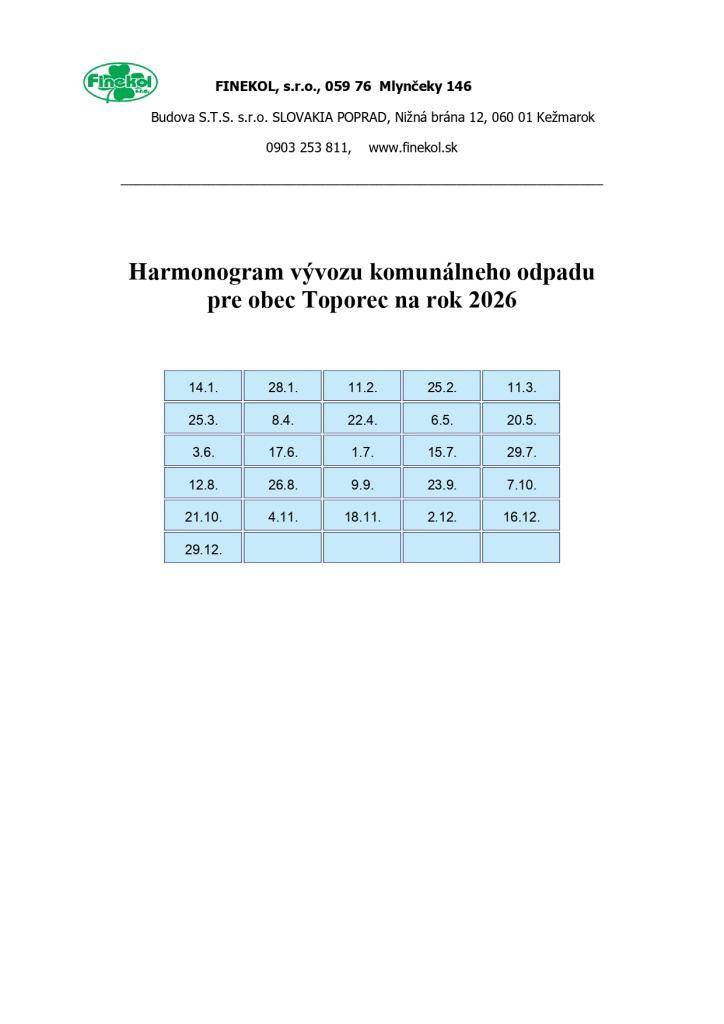 HARMONOGRAM VÝVOZU KOMUNÁLNEHO ODPADU 2026
