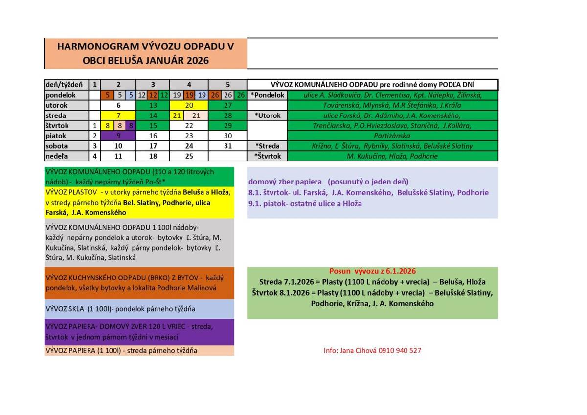 Januárový vývoz smetí obsahuje jeden posun vzhľadom k štátnemu sviatku, 6. januára. Vývoz plastov a papiera sa posunie zo stredy o jeden deň.
