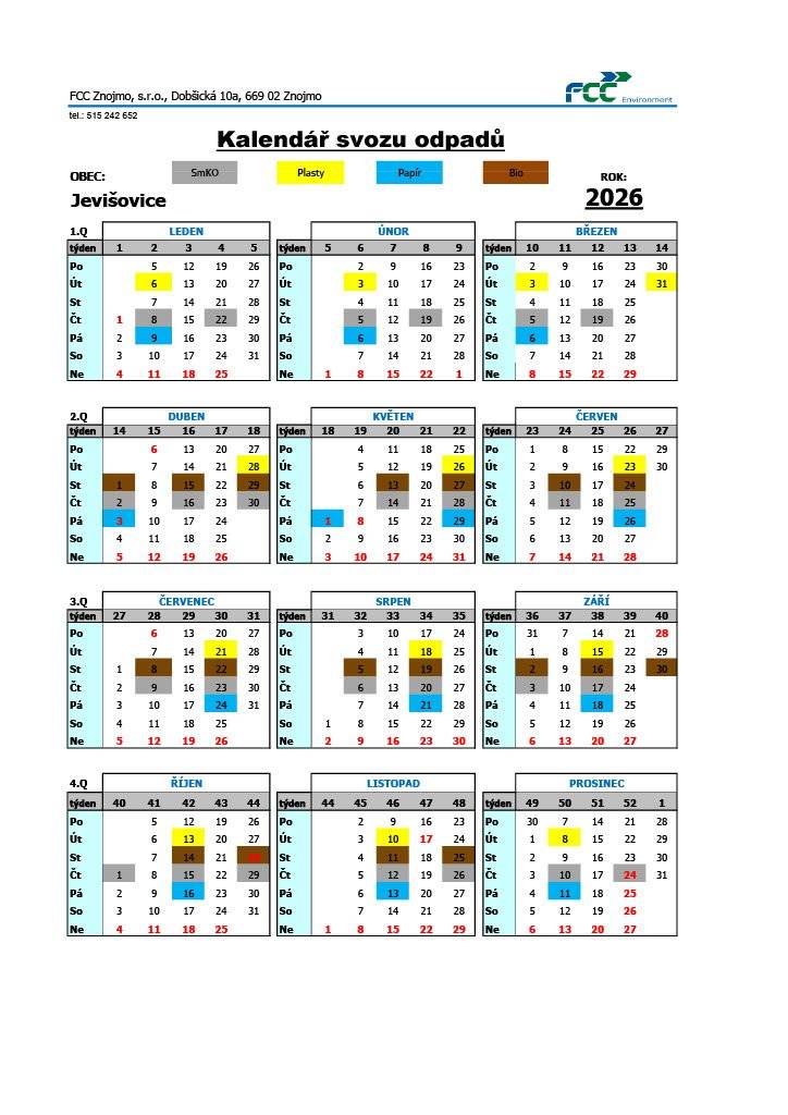 Na počátku roku Vám přinášíme svozový kalendář odpadů pro rok 2026. Kalendář najdete také na stránkách www.jevisovice.cz.  O jednotlivých svozech Vás budeme informovat prostřednictvím MUNIPOLIS :-)