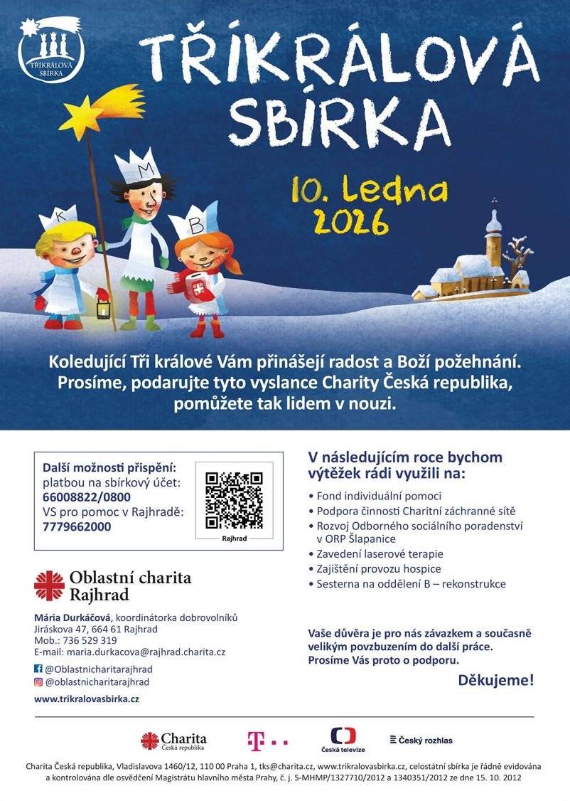 Stále hledáme dobrovolníky, děti i jejich doprovod, na Tříkrálovou sbírku, která v Hrušovanech proběhne 10. 1. 2026 v dopoledních hodinách. V každé skupince potřebujeme nejlépe 3 děti a jejich doprovod. Doprovod může mít 15 a více let. 👬 Dětem stačí jen pití a případně lehká svačina, oblečení dle počasí. Pláštíky a korunky budou zajištěny. Není tedy třeba nic speciálního, pouze elán, úsměv a radost. 🌟 Sbírka bude probíhat od 8 ráno, na oběd už většinou býváme doma. Hlásit se můžete na: 1) astejska@seznam.cz  2) 723 400 915 Na všechny se moc těšíme, každý koledník dostane dáreček. 🤩 Andrea Stejskalová