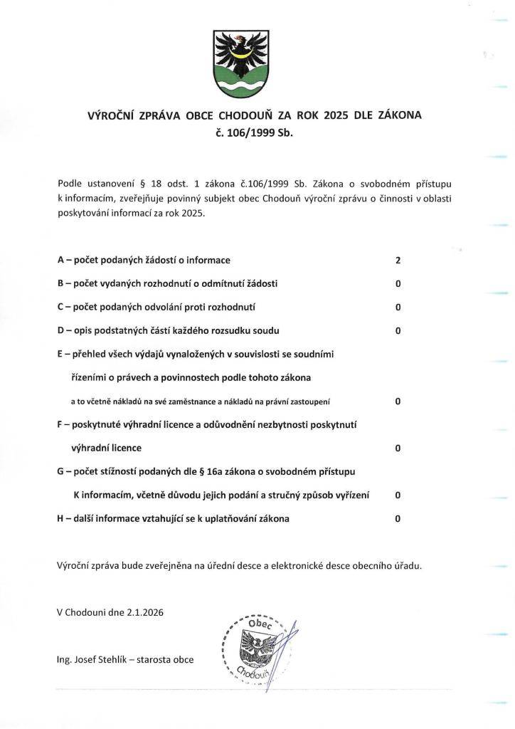 Výroční zpráva obce Chodouň za rok 2025 dle zákona č.106/1999 Sb.