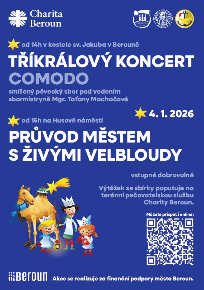 Charita Beroun zve v neděli 4. ledna na Tříkrálový koncert a průvod městem s živými velbloudy.
