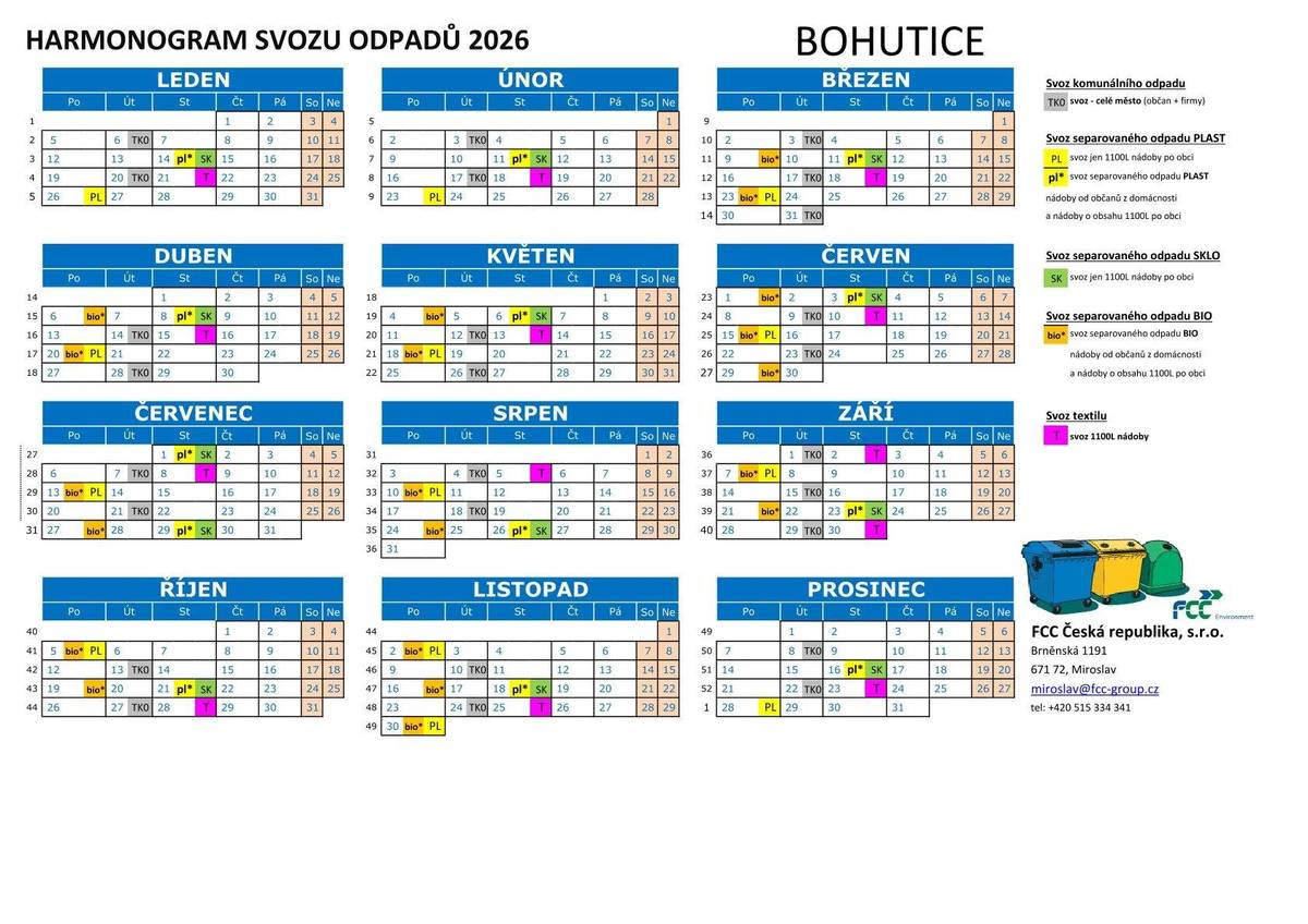 Informace   Firma FCC Česká republika, s.r.o. v rámci zkvalitňování služeb  zákazníkům zprovoznila mobilní aplikaci. Využívání aplikace je pro občany samozřejmě zcela dobrovolné, nicméně v dnešní době nejrůznějších aplikací nalezne zajisté svoje uživatele. Věřím, že se pro mnohé stane vhodným pomocníkem v informaci o termínech svozu odpadů a případně dalších záležitostech odpadového hospodářství.   Přílohou Vám zasílám informace a návod k instalaci mobilní aplikace MŮJODPAD. Dále přikládám harmonogram svozu odpadů pro rok 2026   Místní poplatky na rok 2026 Výše poplatků se pro rok 2026 zvýšila – poplatky za svoz komunálního odpadu činí 800 Kč a poplatek za psa činí 100 Kč. Poplatek uhraďte do 31. 3. 2026. Z důvodu aktualizace účetního systému se budou uvedené poplatky vybírat v kanceláři Obecního úřadu od středy 21. ledna 2026, a to v pondělí a středu od 8:00 do 17:00 hod. Poplatky je možné zaplatit také bankovním převodem, a to na účet Obce Bohutice vedený u České spořitelny, č. účtu 1582037309/0800. Jako variabilní symbol uvádějte číslo popisné domu, kterého se poplatky týkají.  V případě, že budete platit poplatky pouze za některé obyvatele hlášené na daném čísle popisném, uvádějte datum narození.