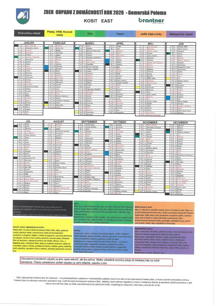 Vážení občania!  Už zajtra 1. januára 2026 na Nový rok bude prebiehať v našej obci zber tuhého komunálneho odpadu. Preto vás žiadame, aby ste zberné nádoby (kuky) vyložili pred svoje domy.