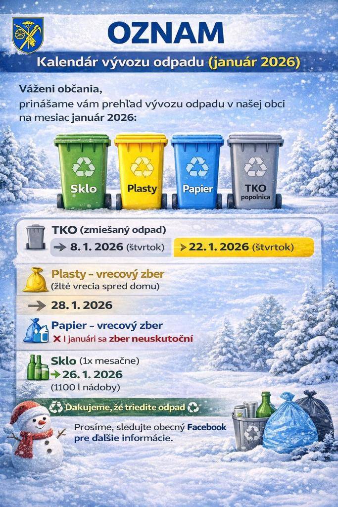 ???? OZNAM – Kalendár vývozu odpadu (január 2026)  Vážení občania,  prinášame vám prehľad vývozu odpadu v našej obci na mesiac január 2026:  ???? TKO (popolnica)  ➡️ 8. 1. 2026 (štvrtok)  ➡️ 22. 1. 2026 (štvrtok)  ???? Plasty – vrecový zber (žlté vrecia spred domu)  ➡️ 28. 1. 2026  ???? Papier – vrecový zber (m