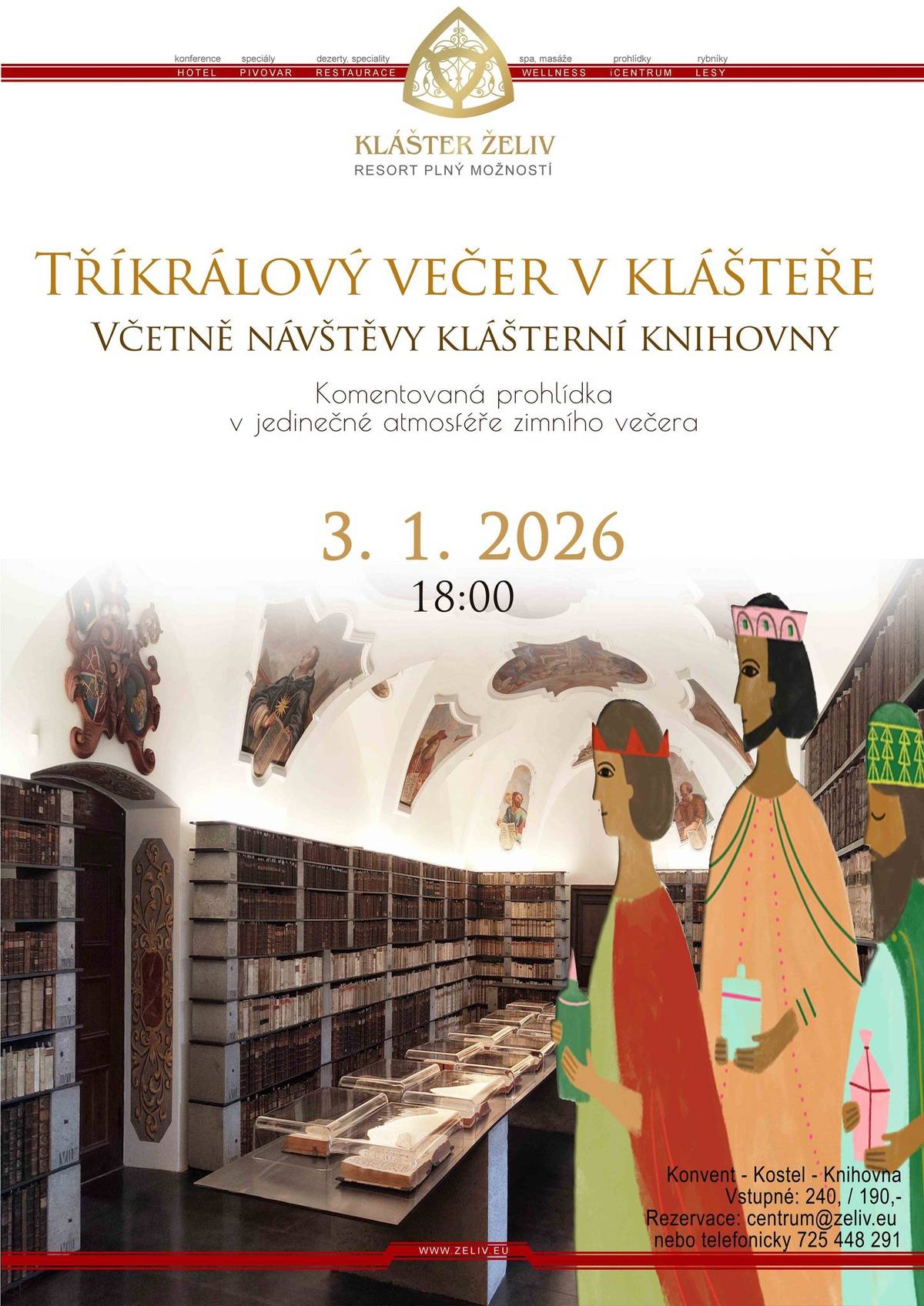 Sobota 3. ledna 2026 Zažijte výjimečný TŘÍKRÁLOVÝ VEČER v historickém prostředí želivského kláštera. V podvečerní atmosféře vás čeká komentovaná prohlídka kláštera, která bude rozšířena o návštěvu unikátní klášterní knihovny. Ta se běžně veřejnosti neotevírá. Začátek prohlídky je v 18:00 hod. Rezervace doporučena. V Klášterní restauraci se od 19:30 hod. uskuteční HUDEBNÍ NOVOROČNÍ VEČER. Hudební program nabídne jemné i radostné tóny v podání živé hudby – zazní klavír a zobcová flétna, doplněné o housle a dudy. Na klavír a flétnu zahraje Petr Žák, varhaník kláštera, na housle a dudy se představí Jiří Bílek. Jste srdečně zváni!