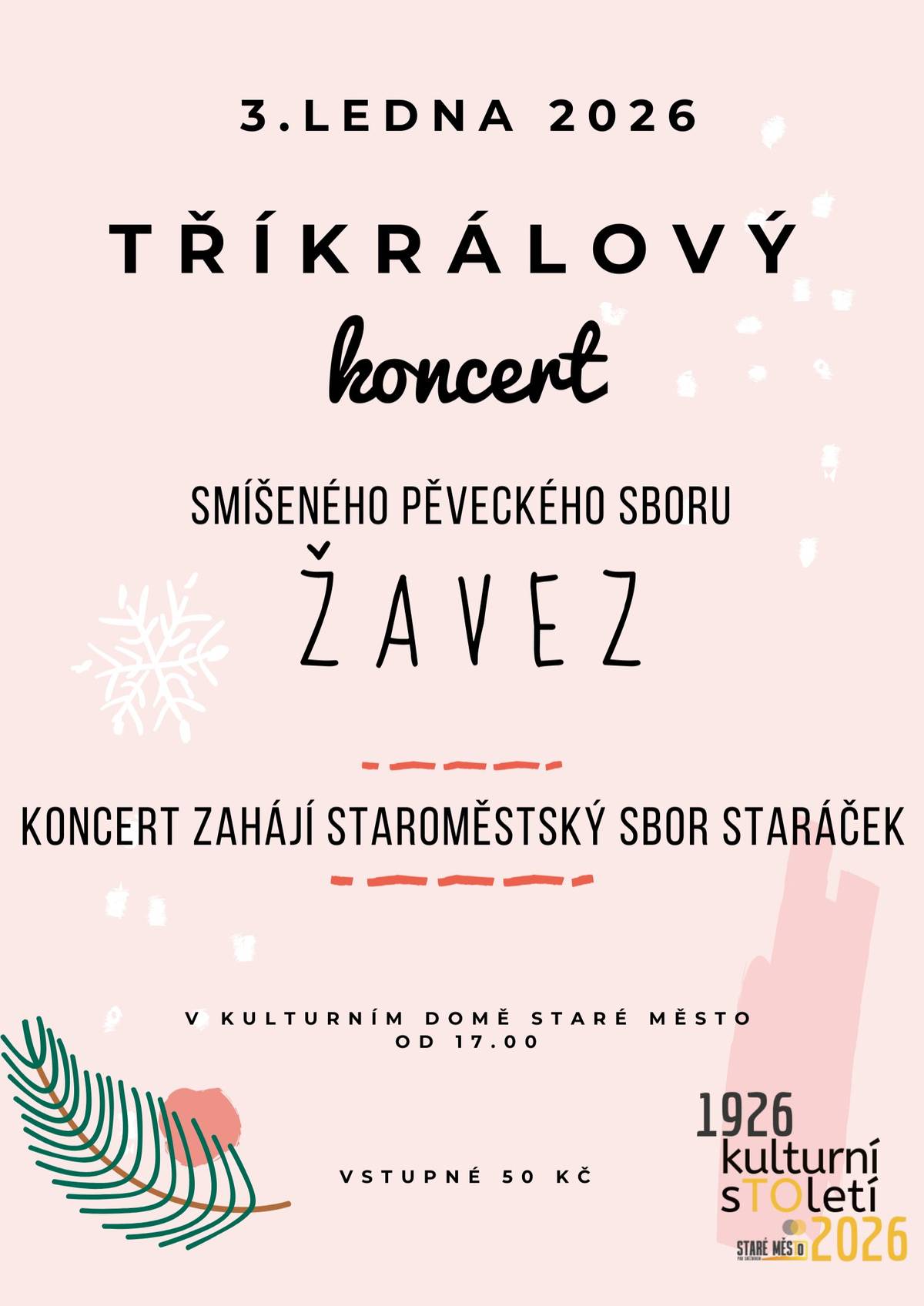 Zatímco venku chumelí, kulturní dům se dnes rozezpívá! Srdečně vás zveme dnes v sobotu 3. 1. 2026 na Tříkrálový koncert, na kterém vystoupí šumperský smíšený pěvecký sbor ŽAVEZ a zahájí jej staroměstský sbor Staráček! Začínáme od 17.00.