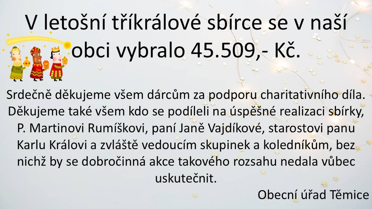 Při letošní Tříkrálové sbírce, která v Těmicích proběhla v sobotu 3. 1. 2026, koledníci vybrali celkem 45 509,- Kč.