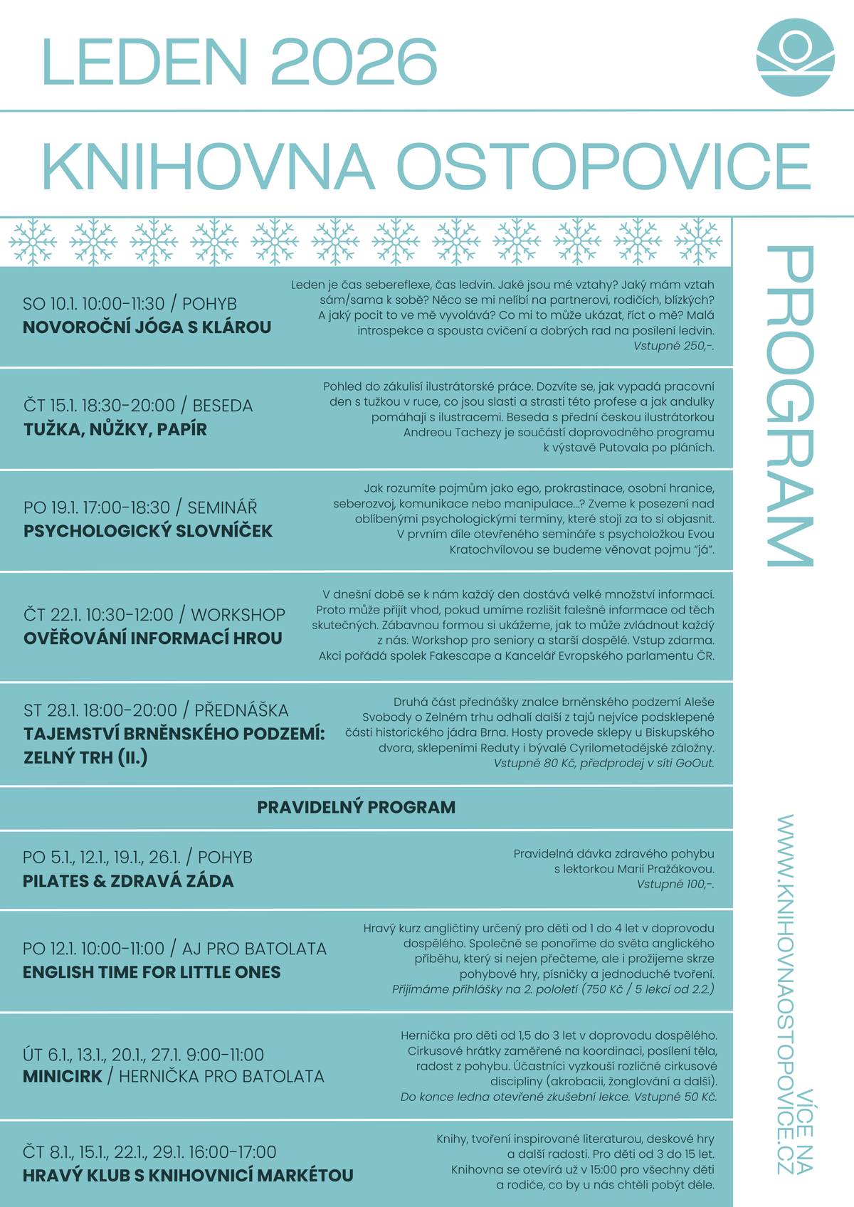 Srdečně zveme na lednové akce v obecní knihovně.  Doporučujeme rezervace místa na webu knihovny. Přejeme dobrý nový rok!