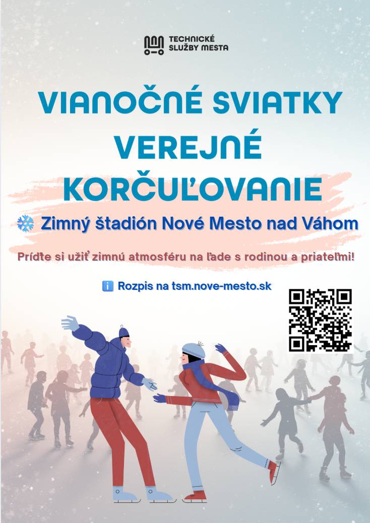 VEREJNÉ KORČUĽOVANIE NA ZIMNOM ŠTADIÓNE ❄️⛸️ Verejné korčuľovanie na zimnom štadióne prebieha počas sviatkov až do 7. januára. Korčuľuje sa pravidelne dvakrát denne, podľa platného rozpisu.  🕒 Časy verejného korčuľovania: 🕙 10:00 – 12:00 🕒 15:00 – 17:00 📄 Podrobný rozpis nájdete na webe TSM: https://www.tsm.nove-mesto.sk/rozpis/ ℹ️ Dôležité informácie pre návštevníkov:   Požičovňa korčúľ nie je k dispozícii   Odporúčame používanie prilby   Rukavice sú povinné   Ľadová plocha je monitorovaná kamerovým systémom 24/7   Prosíme o dodržiavanie bezpečnostných pokynov a ohľaduplnosť   V prípade potreby je k dispozícii ľadár   Tešíme sa na vašu návštevu a prajeme príjemný športový zážitok ❄️💚