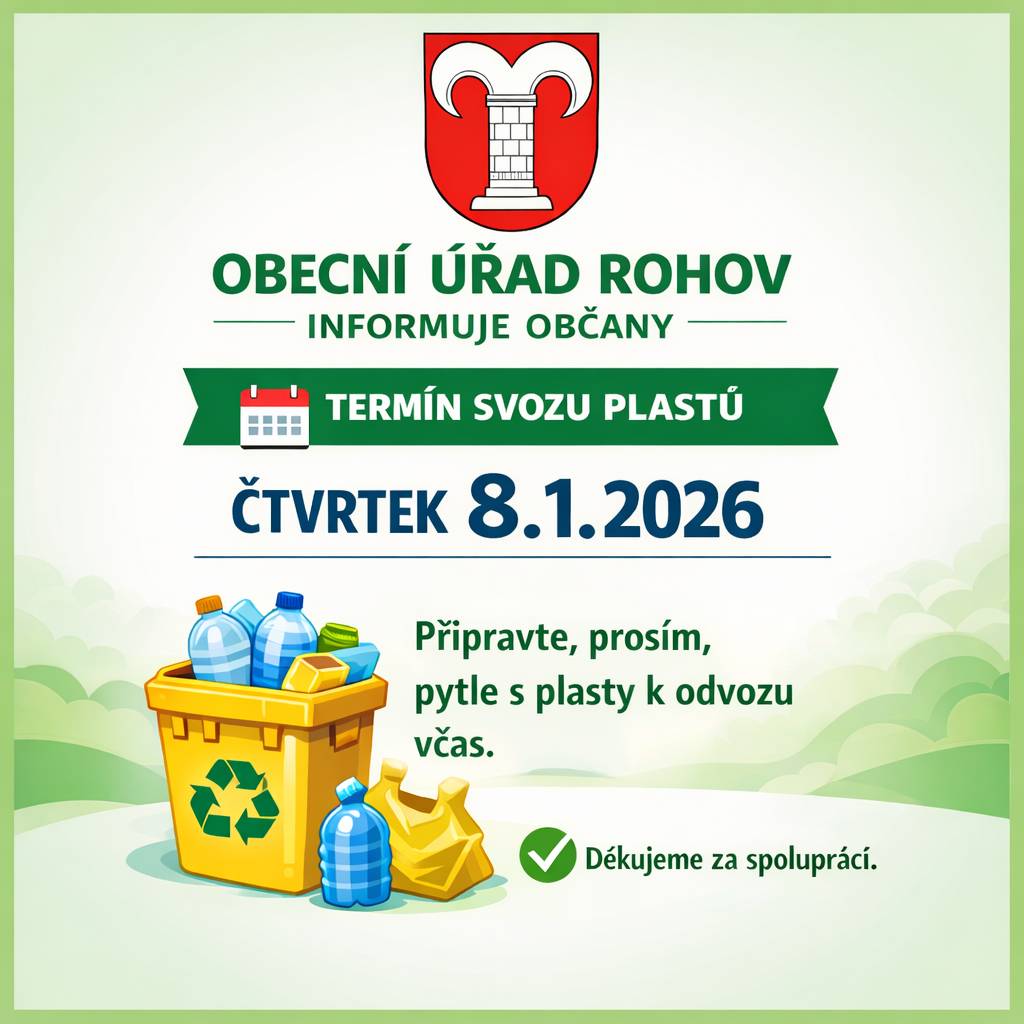 Informujeme občany o nejbližším termínu svozu plastů. TENTO JE STANOVEN NA: ČTVRTEK  8.1.2026