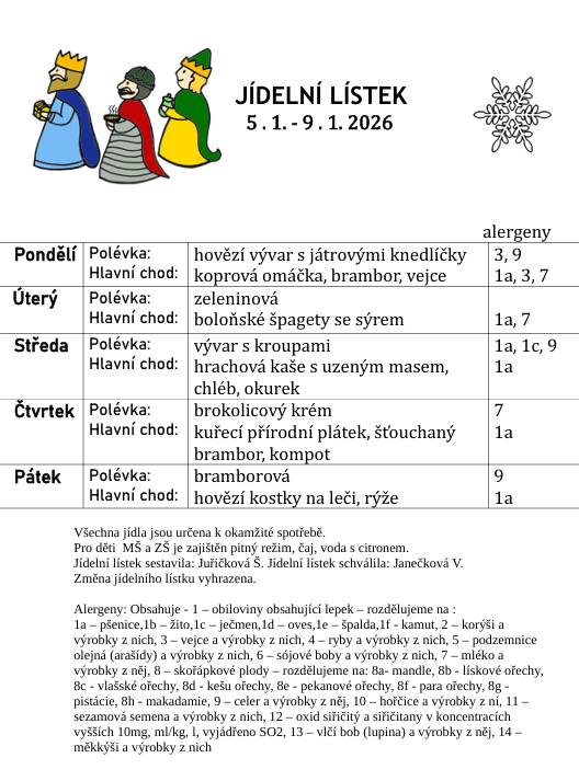 Jídelní lístek od 5.1. do 9.1.2026