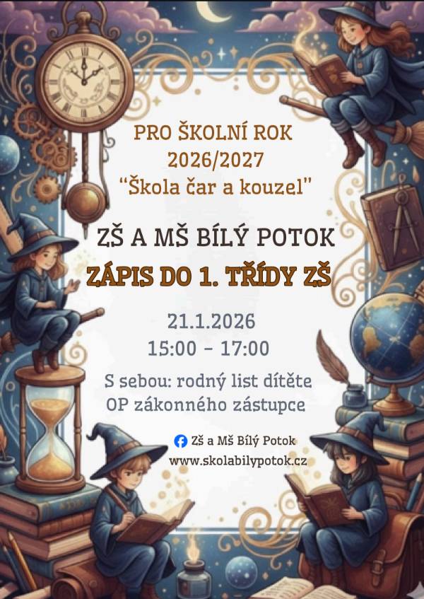Zveme rodiče s dětmi k zápisu do naší malotřídní školy v Bílém Potoce.  - Individuální přístup ke každému dítě  - Respekt k tempu a potřebám každého žáka  - Rozvoj samostatnosti a odpovědnosti  - Formativní hodnocení  - Minimum stresu, více pohody  15.1. se koná Den otevřených dveří před samotným zá