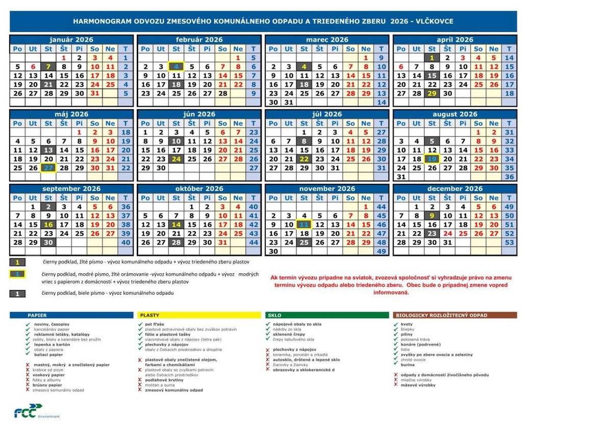 Obec Vlčkovce upozorňuje občanov, že v roku 2026 bude vývoz zmesového komunálneho odpadu realizovaný v STREDY.  Najbližší vývoz komunálneho odpadu a plastov je 7.1.2026.