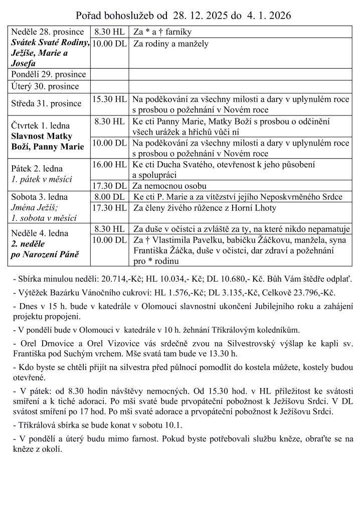 Novoroční mše 1. ledna poděkujeme za milosti minulého roku. První pátek v lednu se zaměří na Ducha Svatého. V sobotu 10. ledna se uskuteční Tříkrálová sbírka. Kněz bude v pondělí a úterý mimo farnost, prosím, obraťte se na okolní kněze pro případnou pomoc.