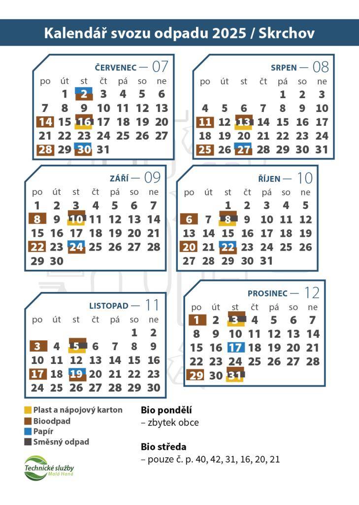 Kalendář svozu odpadu v jednotlivých měsících