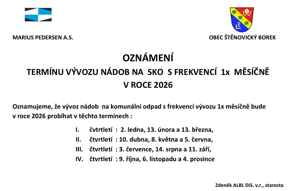 2026 - svoz směsného komunálního odpadu s frekvencí 1x měsíčně