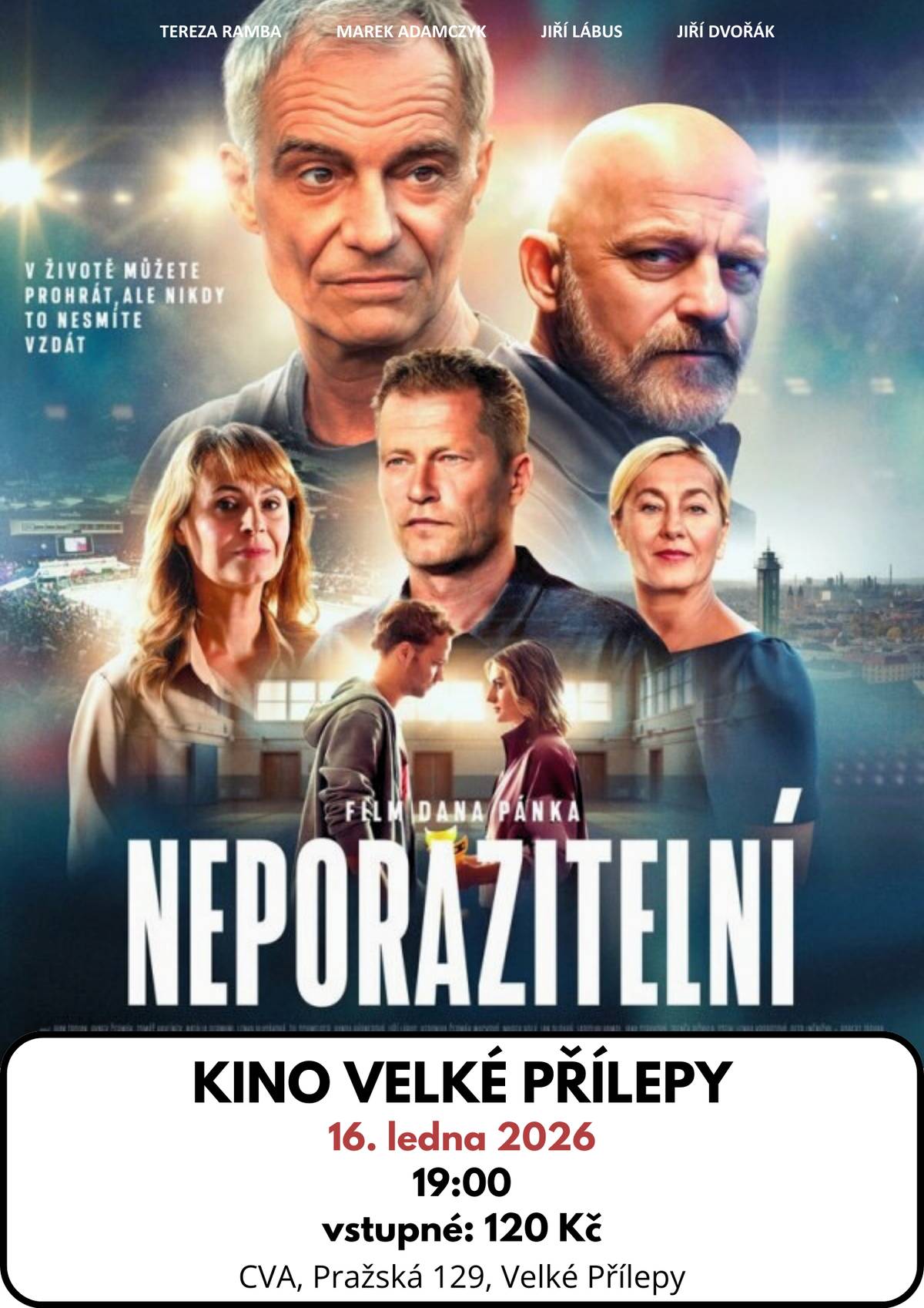 Zveme Vás v pátek 16. ledna do CVA na filmy:   Zlouni 2   Přijďte s dětmi do kina na animovaný film Zlouni 2. Oblíbená partička polepšených zvířecích zločinců – Vlk, Had, Piraňa, Žralok a Tarantule – se snaží žít spořádaný život. Jejich náprava je ale vystavena těžké zkoušce ve chvíli, kdy se ve městě objeví nová skupina kriminálnic – Zlounky Čas: 15:00 a 17:00 Místo: CVA Vstupné: 80 Kč Žánr: Animovaný / Akční / Komedie / Krimi  Země původu: USA Rok výroby: 2025 Stopáž: 104 minut Další informace o filmu včetně ukázky   Neporazitelní   Celovečerní film Neporazitelní rozesměje i dojme zároveň. Tři zcela odlišní hrdinové a jejich rodiny řeší nelehké životní situace a s humorem bojují s nepřízní osudu. Majitel úspěšné reklamní agentury Petr Fišer (Hynek Čermák), který nezná slovo „nemožné“, věří, že má plán, jak zachránit svou rodinu. Podivínský trenér Robert „Bob“ Krulich (Ivan Trojan) ukončil kariéru, protože "jeho svět" je na pokraji zániku. Nadějný sportovec Radim Musil (Tomáš Havlínek) je při obraně napadeného muže pobodán útočníky. Inspirativní film o plnění snů a využití druhých šancí, které nám život nabízí, se odehrává na pozadí výjimečné světové události a ukazuje, že s nadhledem a humorem se dá vyhrát jakákoli životní bitva.  Čas: 19:00 Místo: CVA Vstupné: 120 Kč Žánr: Drama Země původu: Česko  Rok natočení: 2025 Stopáž: 118 minut Další informace o filmu včetně ukázky  Rezervace vstupenek  ____________________________________________________ Další akce v obci  Pohádka – Vejce vejci 18.1.2026, 16:00, CVA   Ples – MS Svrkyně-Velké Přílepy 24. 1. 2026, 20:00, Sál Domu U Korychů   Lyžařský zájezd na Tanvaldský Špičák 25. 1. 2026, 5:45 - 19:00, Ski areál Tanvaldský Špičák Pouze pro přihlášené   Velkopřílepský masopust 7. 2. 2026, 10:00, obec a dvůr Domu U Korychů  Kalendář akcí