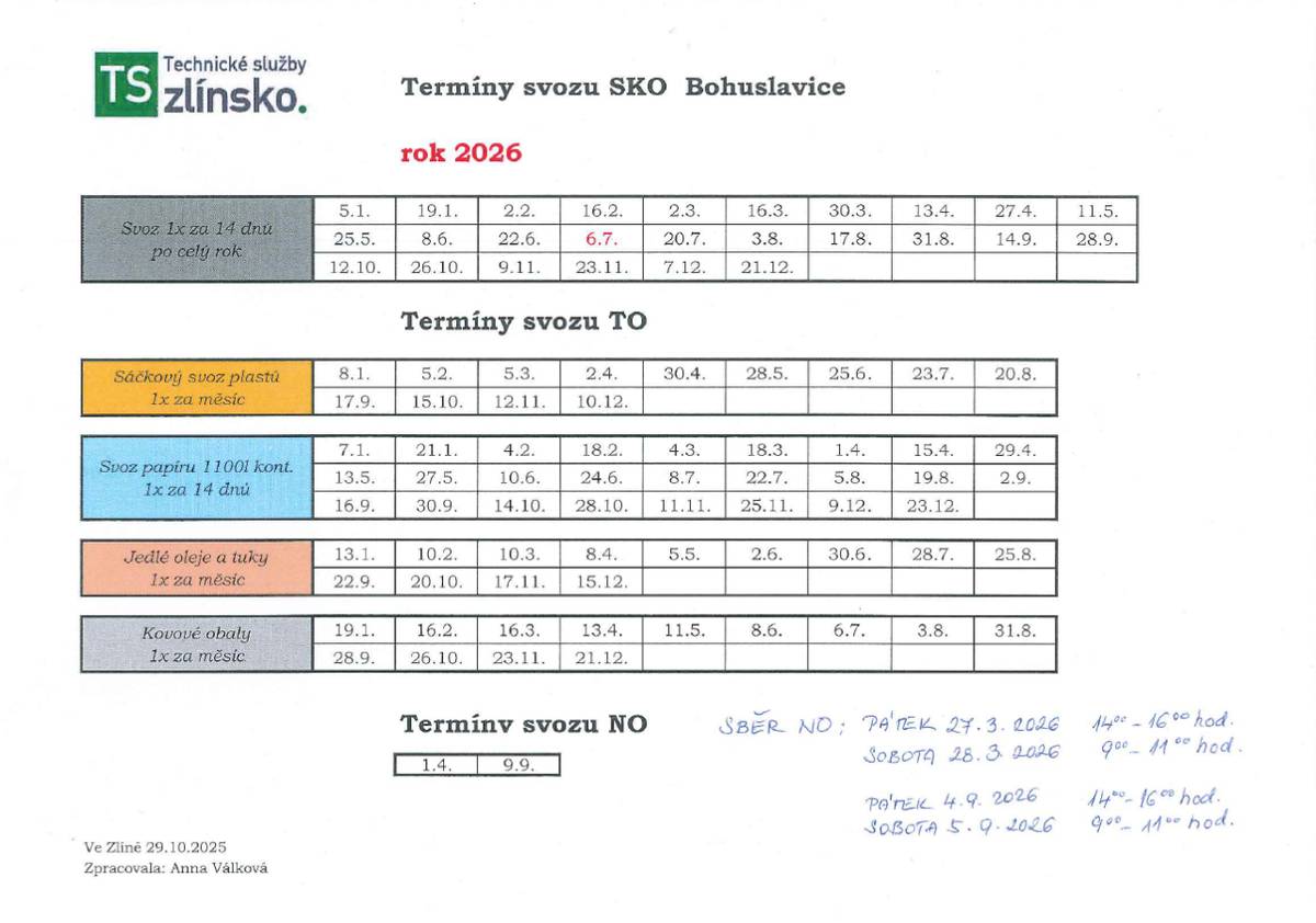 Oznamuji, že od začátku roku 2026 bude změna v pravidelném svozu komunálního odpadu. Četnost svozů zůstává ve 14-ti denních intervalech, den svozu je však změněn na pondělí. Další svoz tedy proběhne v PONDĚLÍ 5.1.2026. Svozový kalendář 2026 naleznete v příloze.