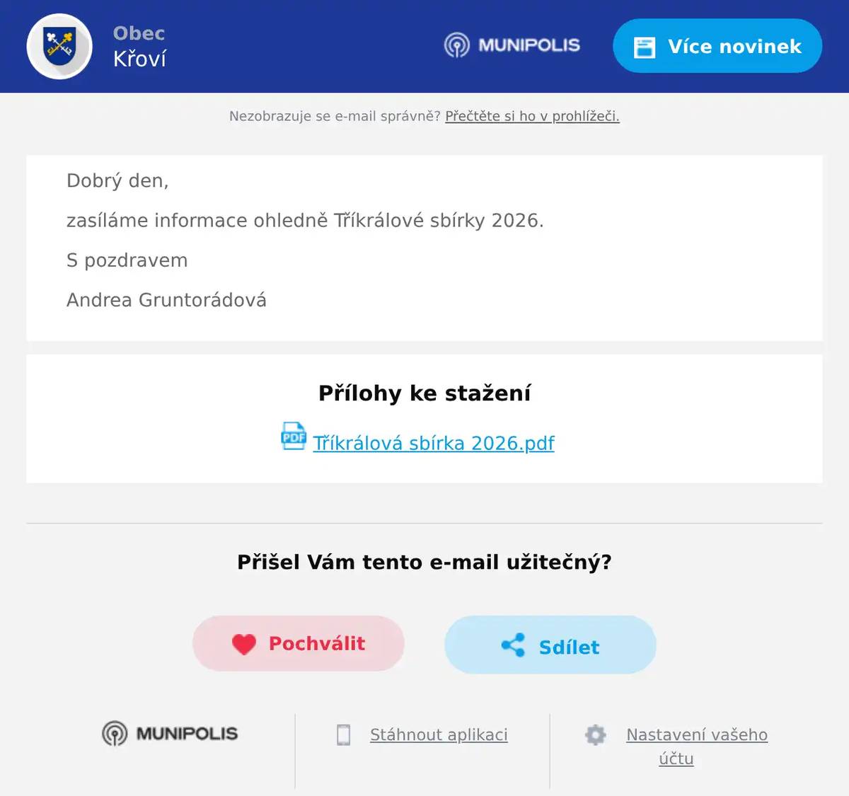 Dobrý den, zasíláme informace ohledně Tříkrálové sbírky 2026. S pozdravem Andrea Gruntorádová
