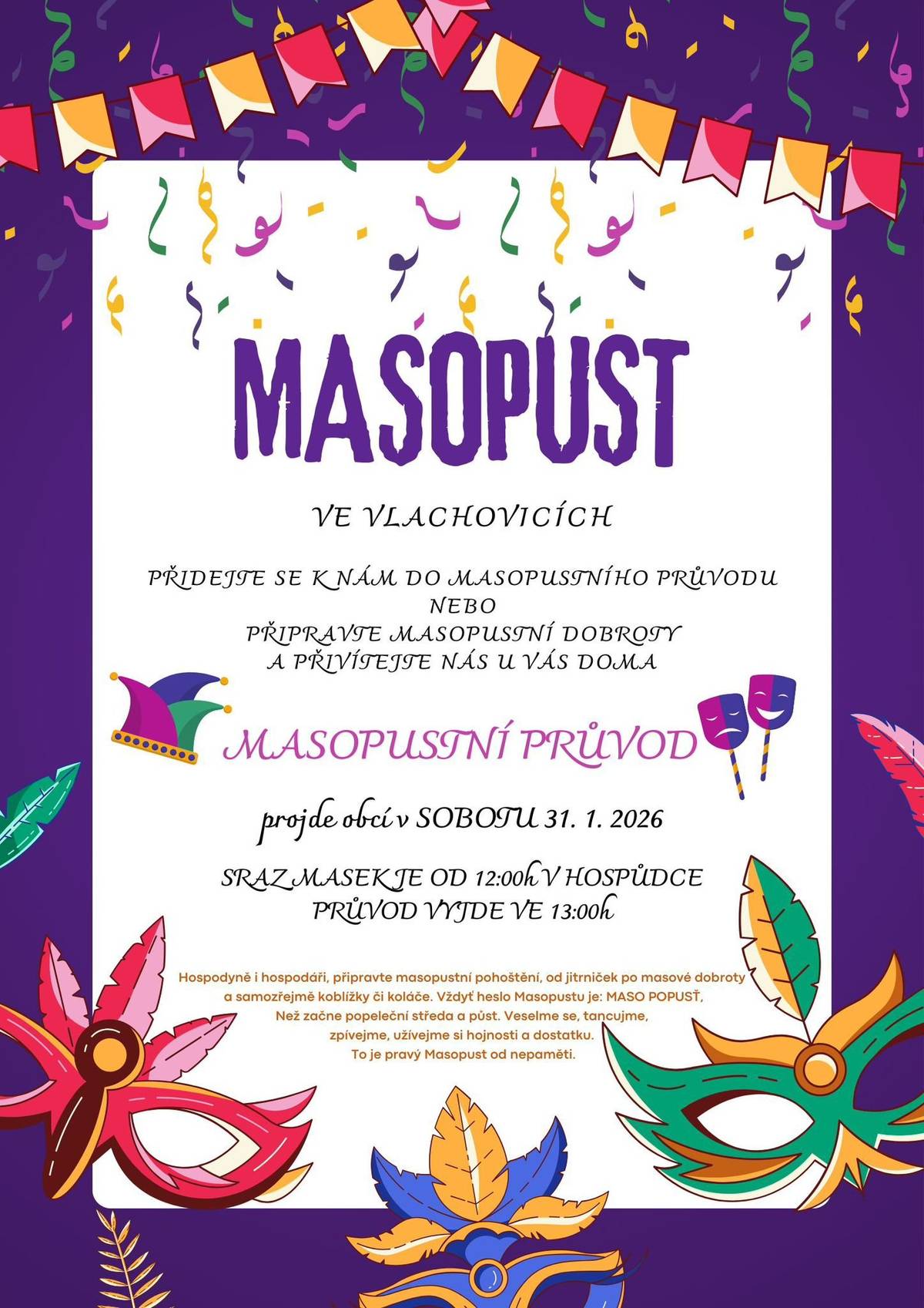 Masopustní průvod projde obcí 31. 1. 2026 od 13 hodin.
