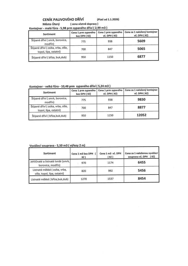ceník palivového dříví od 01.01.2026
