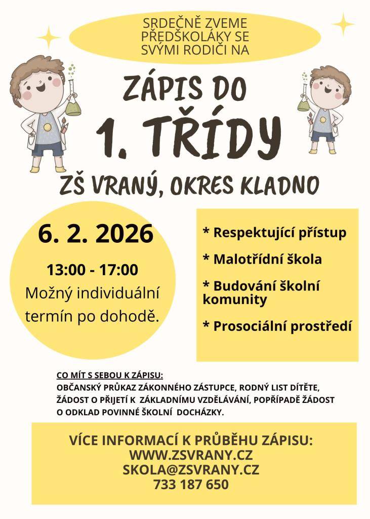 Zápis do ZŠ Vraný, okres Kladno - 6. 2. 2026