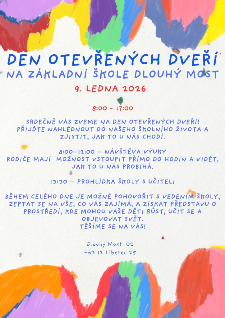 Srdečně zveme předškoláky na den otevřených dveří na naší škole. 9.1.2026 od 8 do 17 hodin.