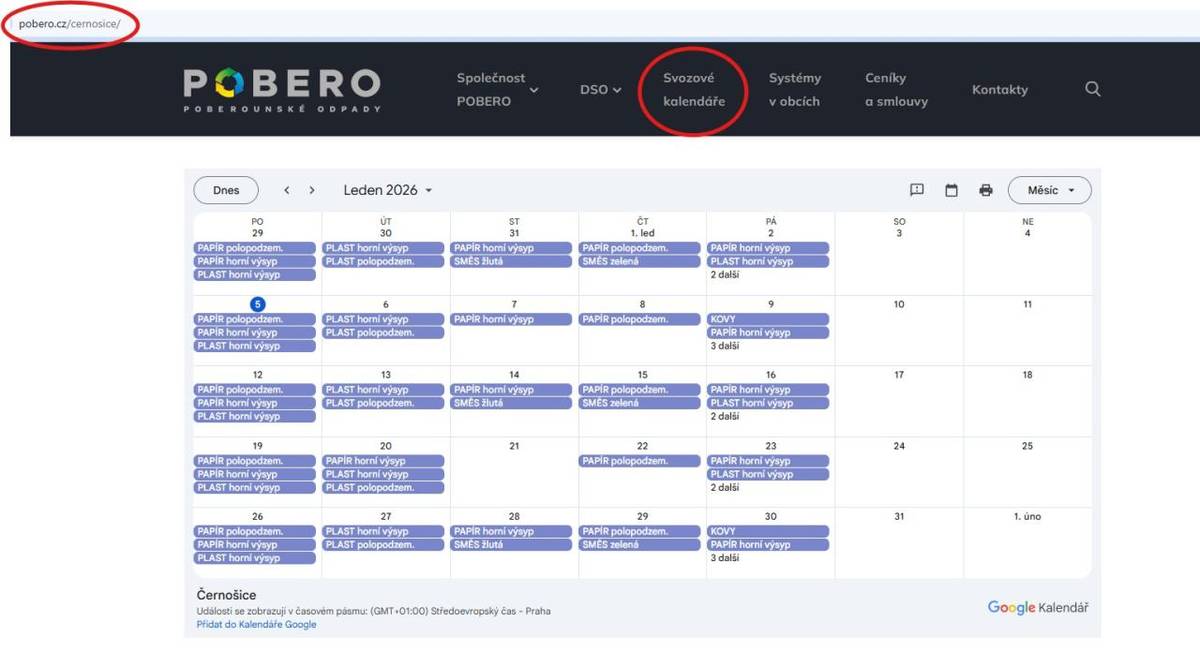 Pro informaci (nedochází k žádné změně!) shrnujeme harmonogram svozu odpadu - z kontejnerových stanovišť i od domů. Přehledně jej zobrazuje kalendář na stránce svazkové firmy POBERO: https://www.pobero.cz/cernosice/. V textové podobě je  shrnutí níže: