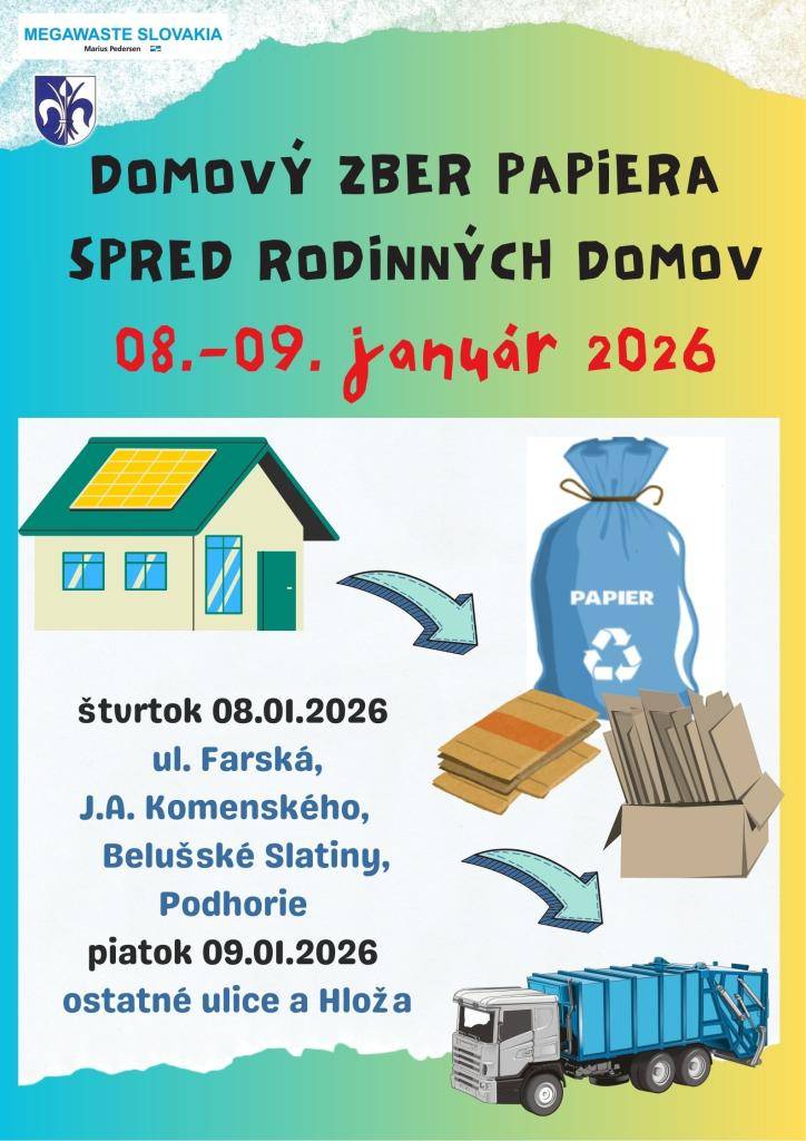 Zber modrých plastových vriec s papierovým odpadom bude posunutý o jeden deň, t.j. na štvrtok a piatok 08.-09.01.2026.