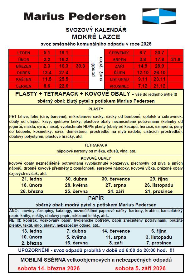 a rok 2026. Sběr elektroodpadu probíhá v obecní stodole každé sudé pondělí v době od 16.00 do 18.00 hodin (v den svozu popelnic).