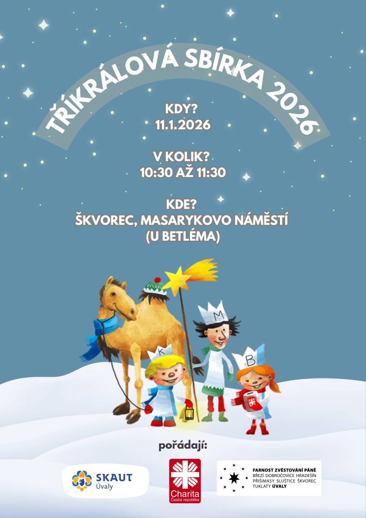Tuto neděli, 11. ledna, mezi 10:30 a 11:30 můžete potkat na náměstí v parku koledníky letošní Tříkrálové sbírky.
